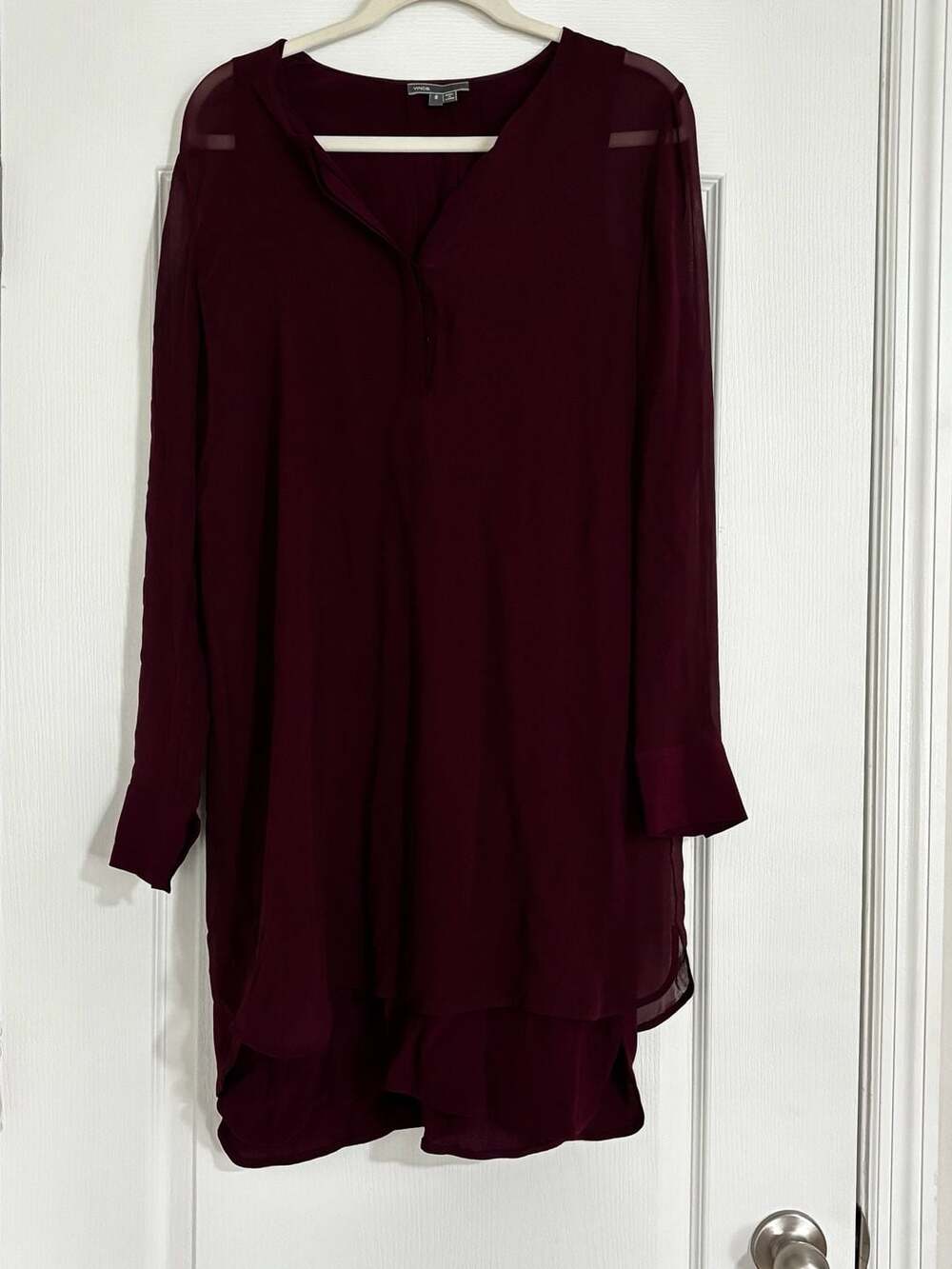 Vince Burgundy Silk Double Layer Long Sleeve Tunic Shift Dress